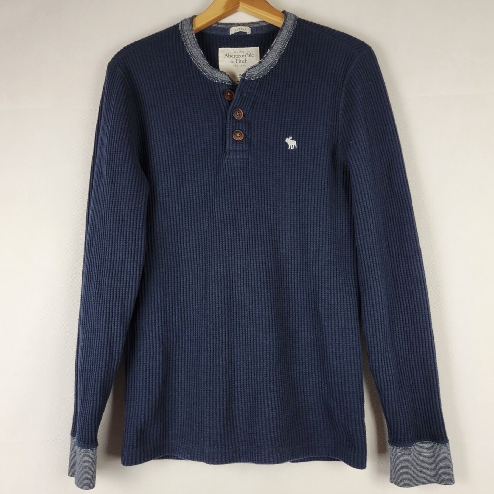 Abercrombie & Fitch Henley Mens Small Waffle Knit Navy Blue Thermal Shirt Moose
